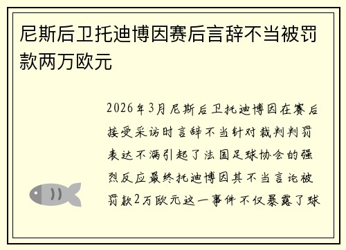 尼斯后卫托迪博因赛后言辞不当被罚款两万欧元