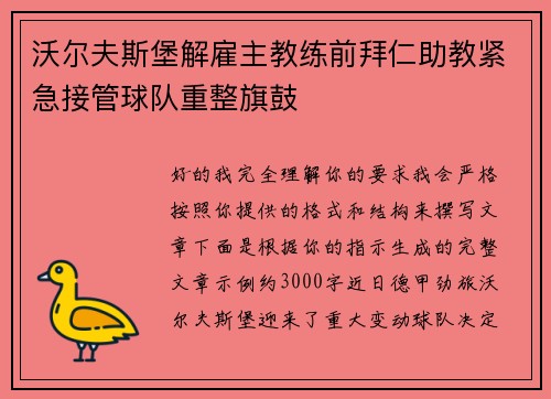 沃尔夫斯堡解雇主教练前拜仁助教紧急接管球队重整旗鼓
