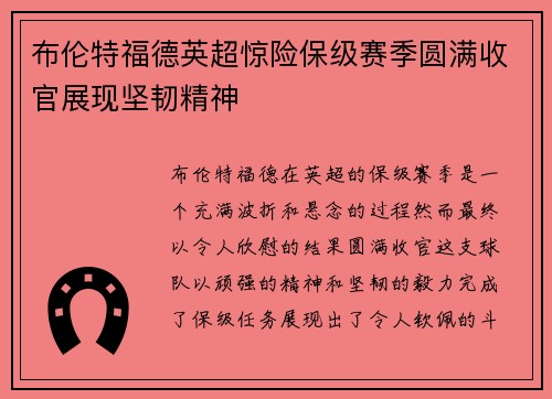 布伦特福德英超惊险保级赛季圆满收官展现坚韧精神
